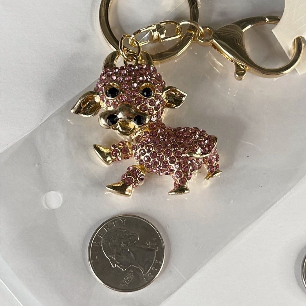 Cartoon Style Pink Crystal Cow Keychain Charm - Picture 3 of 3